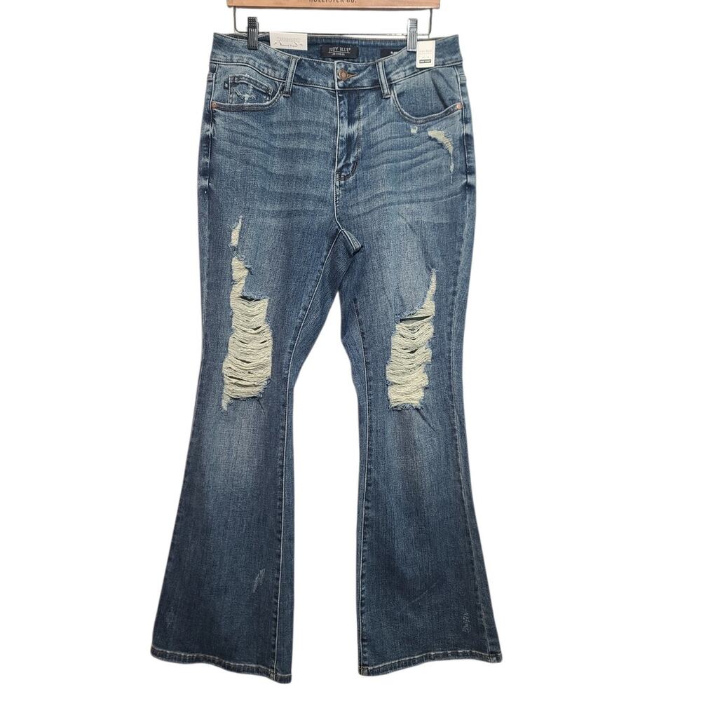 Judy Blue Flare Jeans 14W NWT Medium Wash High Waist Destroyed Stretch